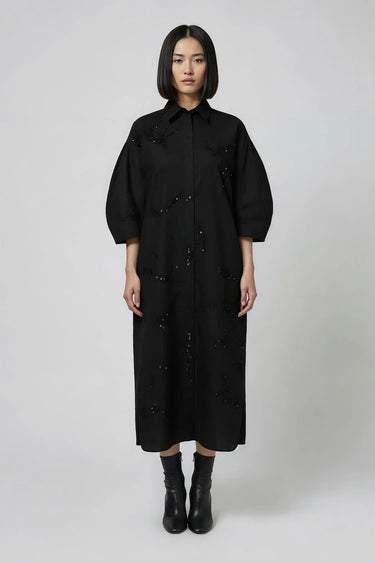 Women black designer shirt dress with embroidery, luxury fashion India