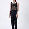 Black Embroidered Tulle Slim Fit Top with Neck Tie-Up