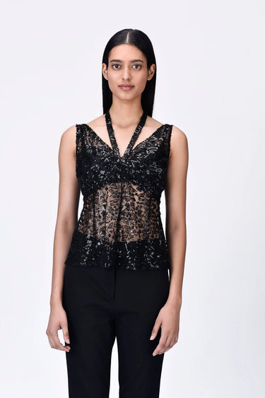 Black Embroidered Tulle Slim Fit Top with Neck Tie-Up