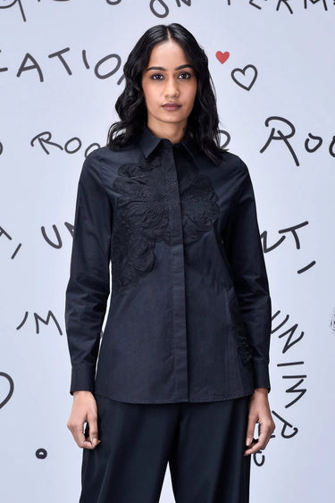 Black cotton shirt with subtle applique design and structured fit