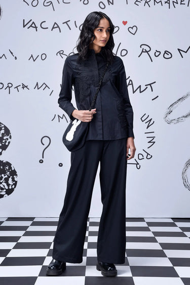 Black Giza cotton poplin shirt for women with tonal applique detailing