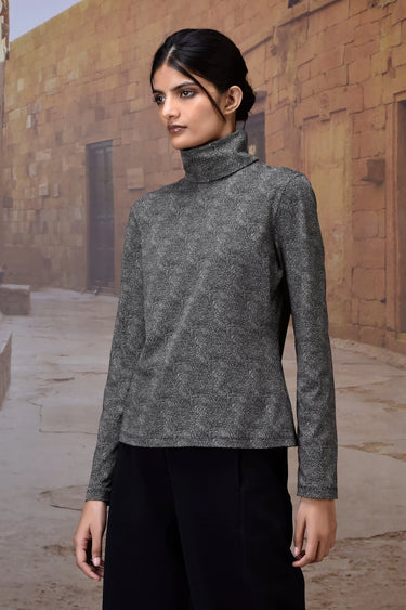 Black Micro-Dot High Neck Jersey Top - Genes Online Store