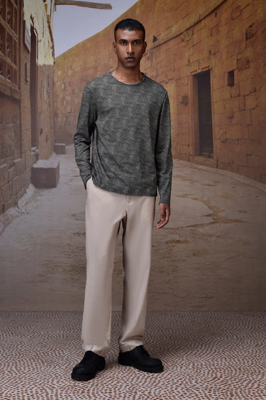 Black micro-pattern cotton jersey long sleeve T-shirt for men with premium soft fabric