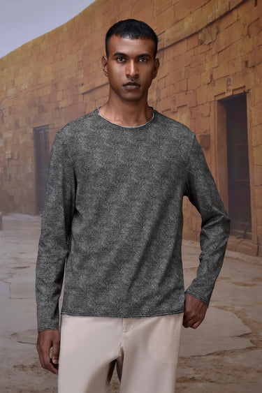 Black cotton jersey long sleeve T-shirt with micro-pattern design for men