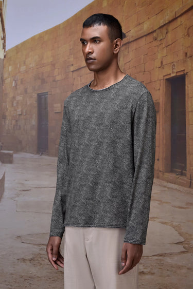 Premium black micro-pattern long sleeve T-shirt in breathable cotton jersey fabric