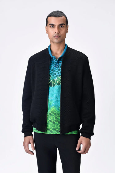 Black Poly Mesh Regular Fit Bomber with Bone Pocket