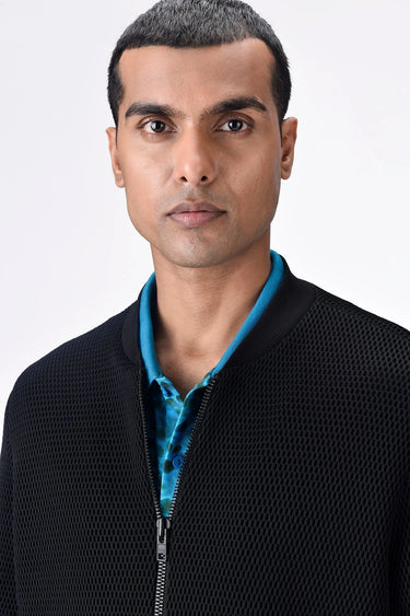 Black Poly Mesh Regular Fit Bomber with Bone Pocket