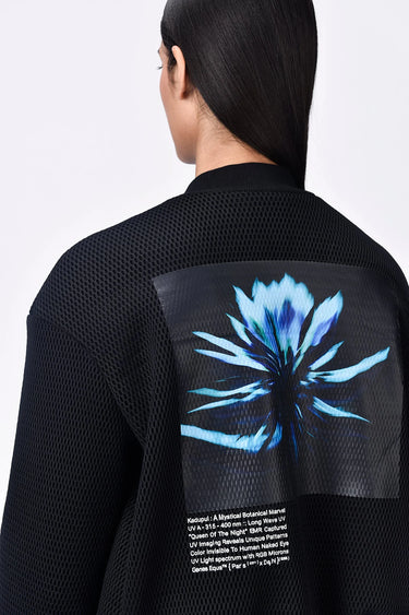 Black Poly Mesh Regular Fit Bomber with UV Flower Sticker