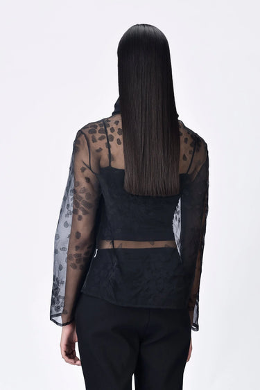 Black Poly Organza Relaxed Fit Turtle Neck Top with Micro Cell Applique