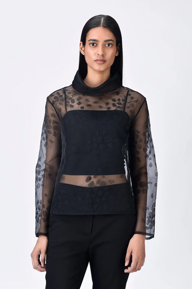 Black Poly Organza Relaxed Fit Turtle Neck Top with Micro Cell Applique