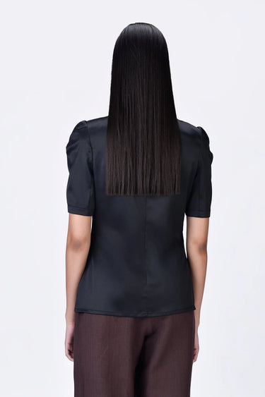 Black Poly Satin Slim Fit Top with Constructed Shoulders