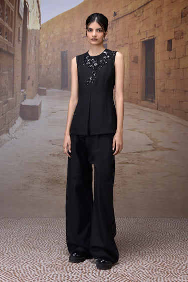 Black Poly Viscose Embroidered Sleeveless Top - Genes Online Store