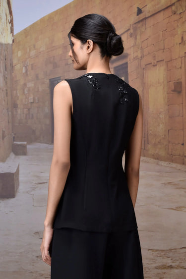 Black Poly Viscose Embroidered Sleeveless Top - Genes Online Store