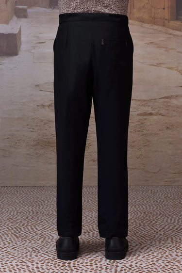 Black straight-leg drawstring trousers in smooth poly-viscose lycra blend