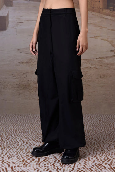 Black Poly Viscose Wide-Leg Cargo Trousers - Genes Online Store
