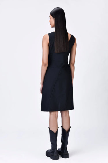Black Poly Wool Asymmetrical Slim Fit Dress with Beads Embroidery