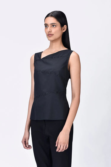 Black Poly Wool Asymmetrical Slim Fit Top with Beads Embroidery
