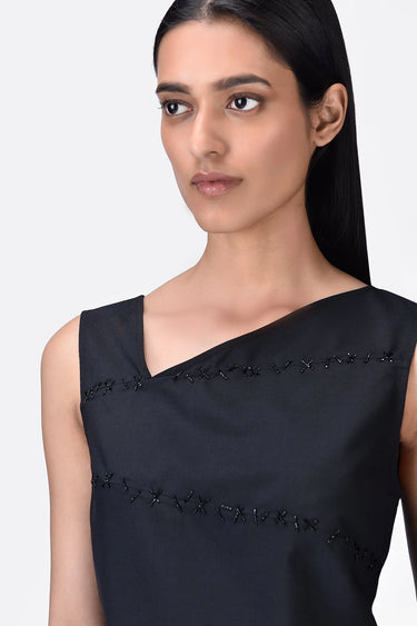 Black Poly Wool Asymmetrical Slim Fit Top with Beads Embroidery