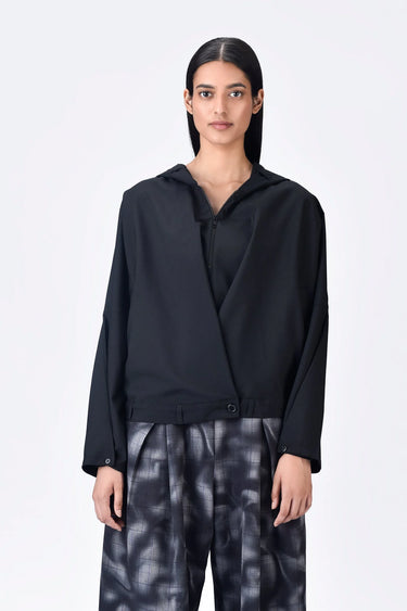 Black Poly Wool Hoodie Jacket