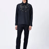 Black Poly Wool Relaxed Fit Shirt with Embroidered Tulle Yoke