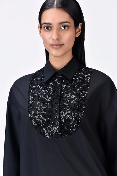 Black Poly Wool Relaxed Fit Shirt with Embroidered Tulle Yoke