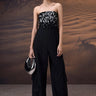 Black strapless sequin panel jumpsuit for women by Genes Lecoanet Hemant India
