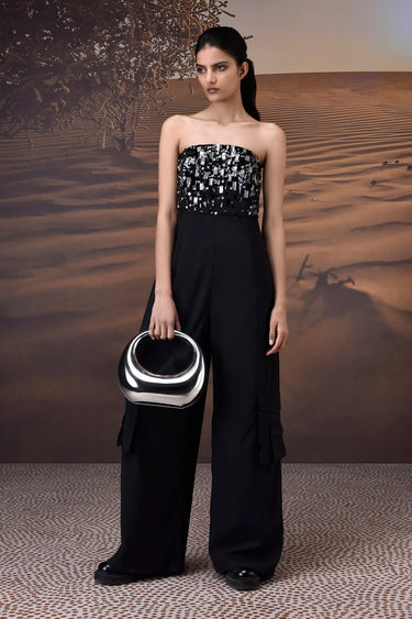Women black designer jumpsuit with sequin bodice and wide leg fit luxury fashion India