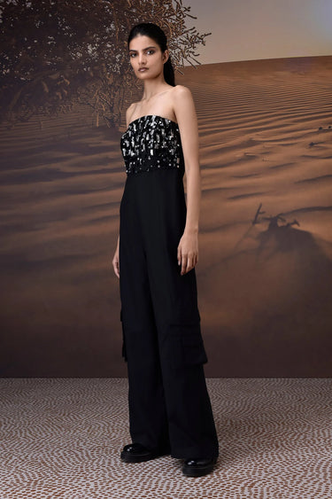 Designer black jumpsuit women India for cocktail and festive wear