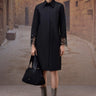 Black poplin shirt dress with cutwork sleeves for women by Genes Lecoanet Hemant India