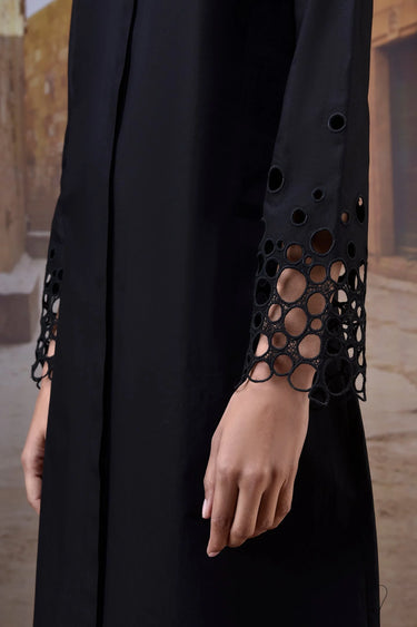 Elegant black shirt dress for women with statement sleeves, premium designer wear