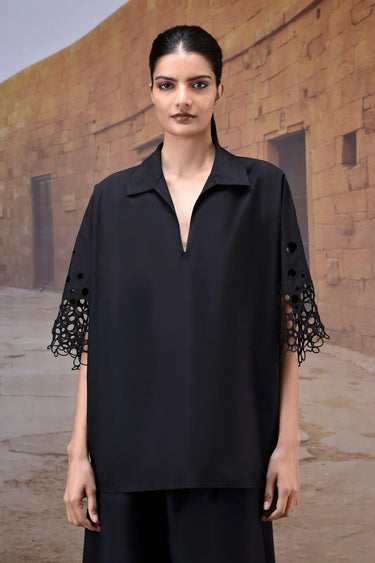 Women black designer shirt with cut out embroidered sleeves, luxury fashion India
