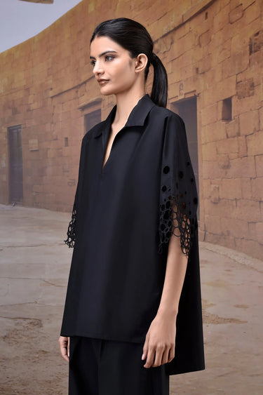 Black poplin shirt women India with statement sleeve detailing and modern fit