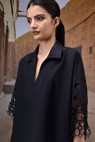 Stylish black shirt for women with embroidered cut out sleeves, designer wear India