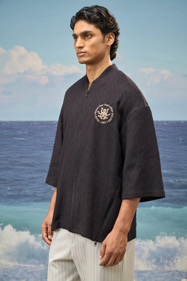 Black Premium Cotton Jacquard Lycra Oversized Bomber