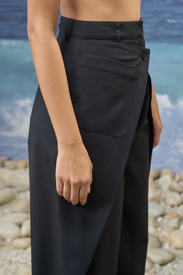 Black poly wool trousers for women showing smooth breathable fabric texture