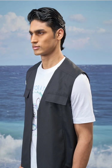 Black poly wool vest for men styled for layering