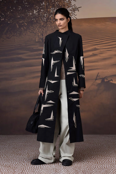 Black & Sand Embroidered Overcoat - Genes Online Store