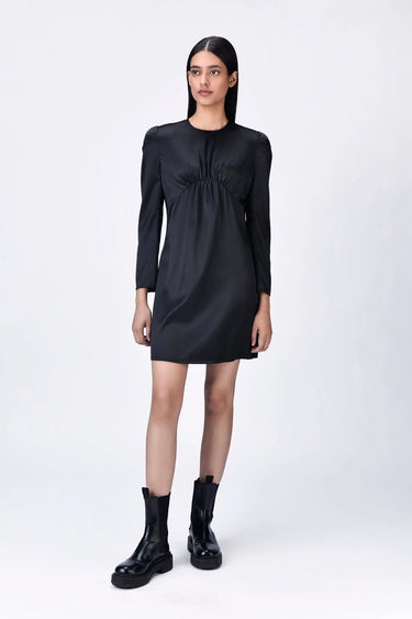 Black Satin Gather Dress