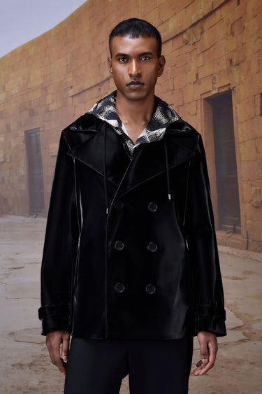Men black designer velvet jacket with double breasted front, luxury fashion India