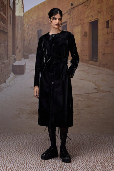 Black Shiny Velvet Overcoat - Genes Online Store