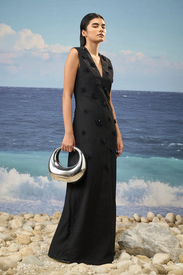 Black Textured Embellished Maxi Dress with Sculptural Minimalism