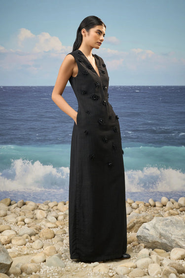 Black Textured Embellished Maxi Dress with Sculptural Minimalism
