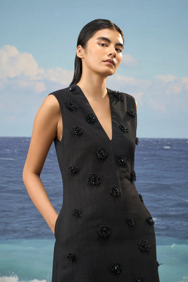 Black Textured Embellished Maxi Dress with Sculptural Minimalism