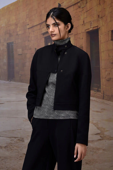Black Textured Poly Lycra High-Neck Jacket - Genes Online Store