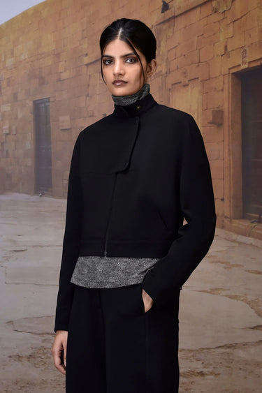 Black Textured Poly Lycra High-Neck Jacket - Genes Online Store