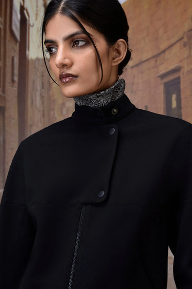 Black Textured Poly Lycra High-Neck Jacket - Genes Online Store