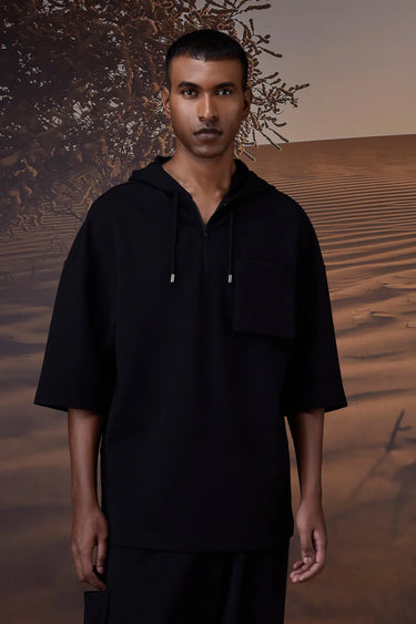 Black Textured Poly Lycra Hoodie - Genes Online Store