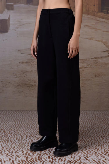 Black Textured Poly Lycra Straight-Leg Trousers - Genes Online Store