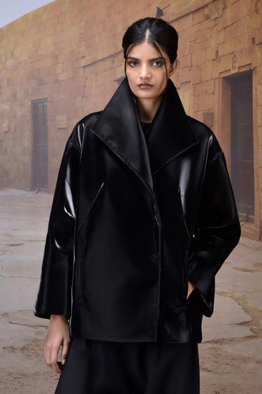 Women black designer velvet jacket with structured silhouette, luxury fashion India
