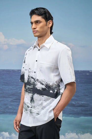 Black and white cotton poplin shirt for men showing breathable crisp fabric texture